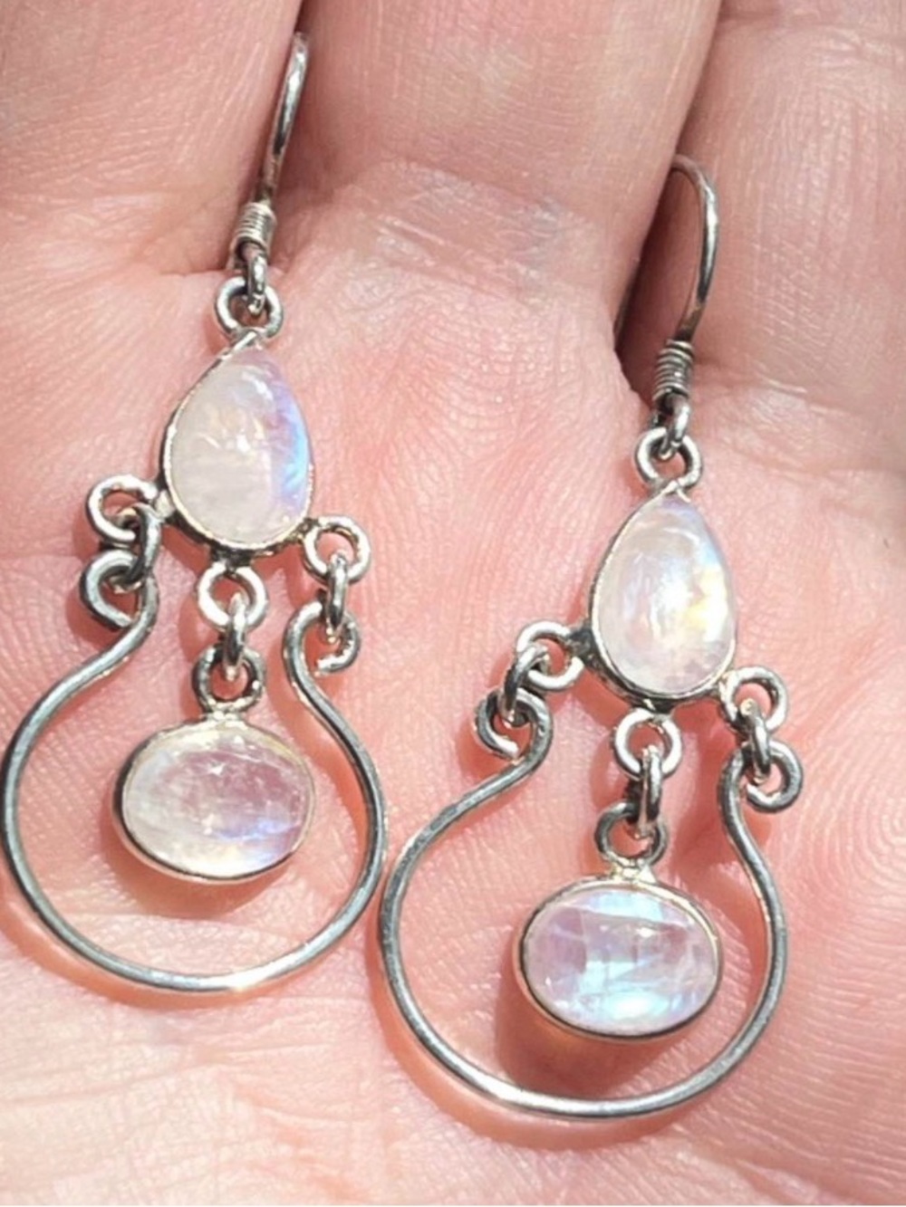 Sterling Silver Moonstone Drop Earrings - Iridescent White